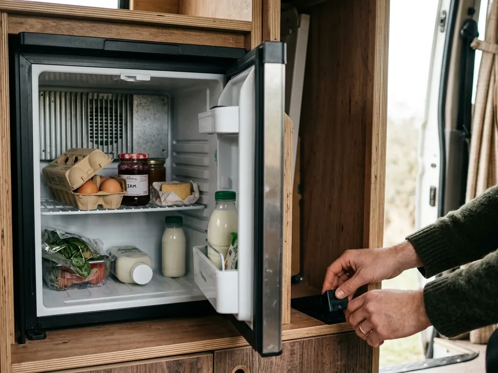 Offener Einbaukühlschrank im Wohnmobil mit Blick auf Kühlraum und Hinterlüftung