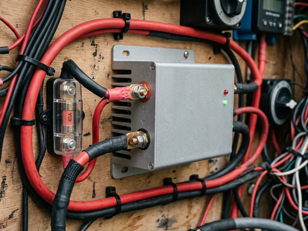 DC-DC-Ladebooster mit dicken Batteriekabeln im Elektrofach eines Wohnmobils montiert