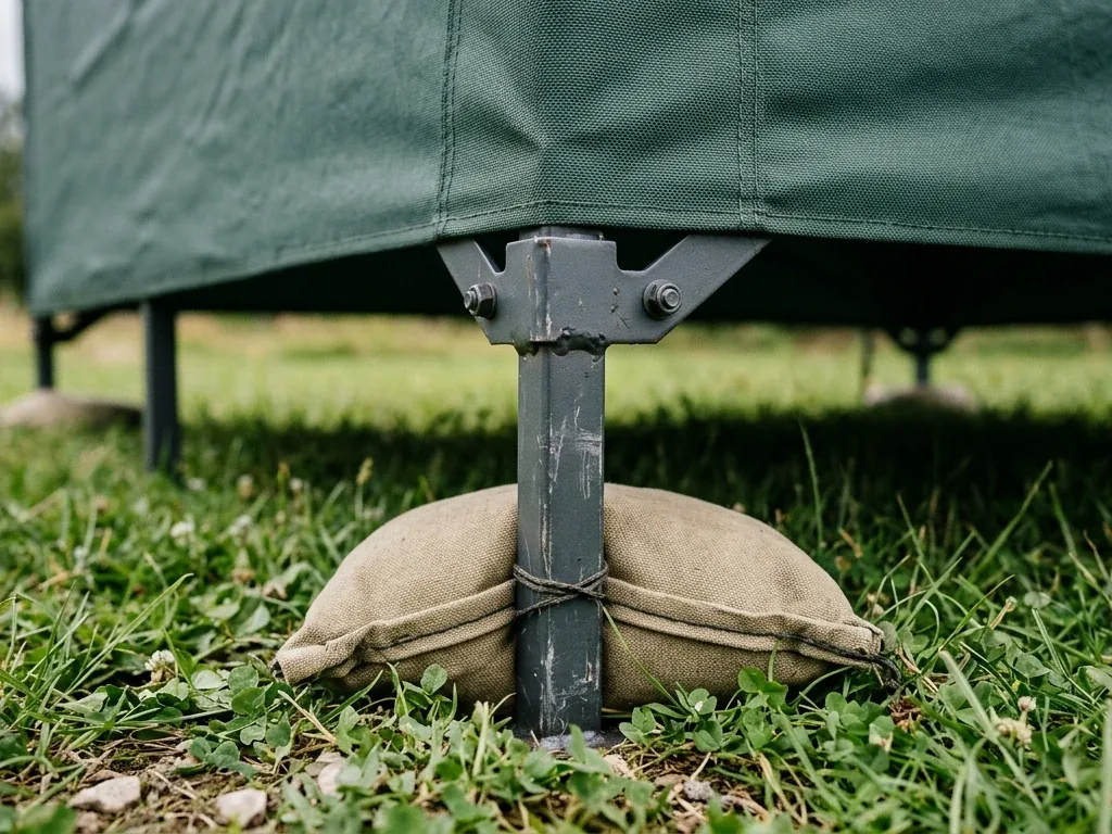 Nahaufnahme eines Camping-Pavillon-Gestänges mit Sandsack-Verankerung auf Wiese