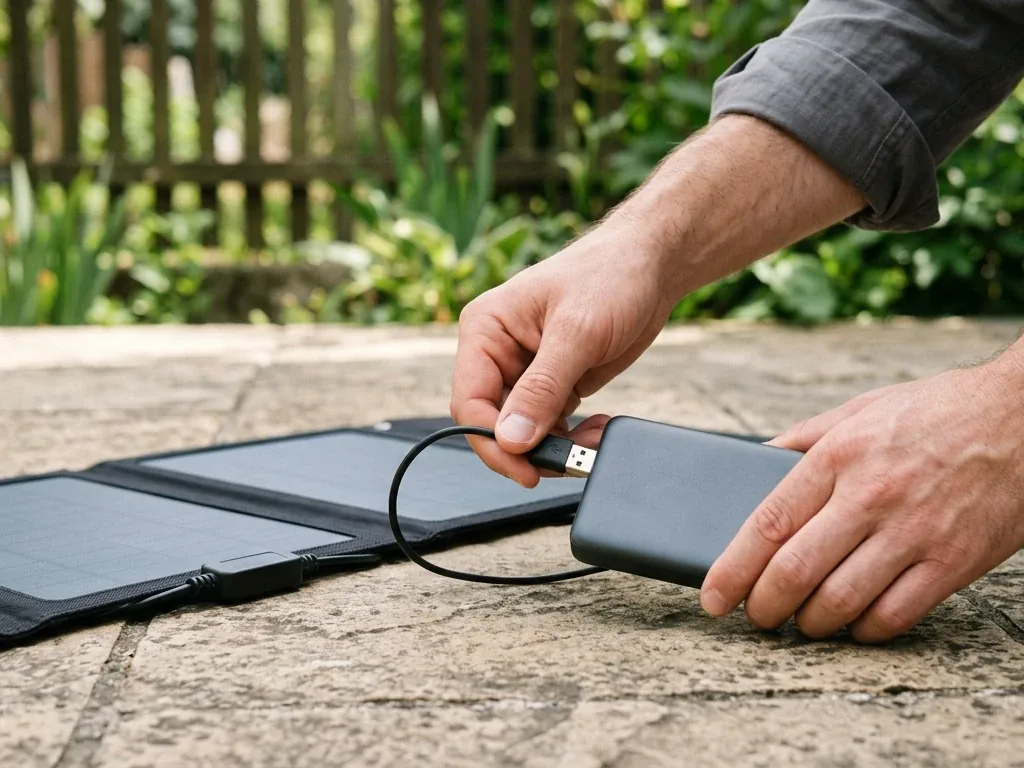 Hände verbinden ein USB-Kabel zwischen einem faltbaren Solarpanel und einer Powerbank im Freien