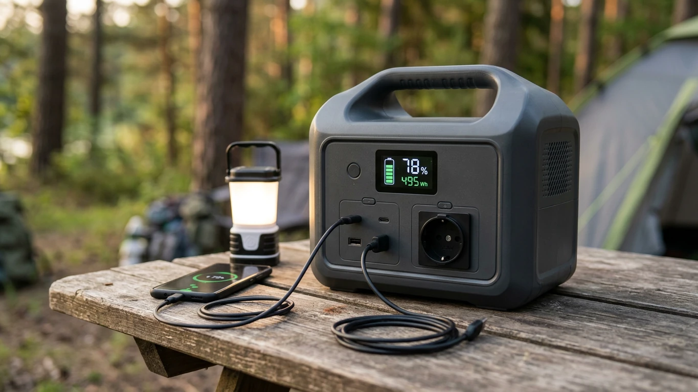 Powerstation mit Display zeigt Akkustand und Wh-Kapazität, Lampe und Ladekabel angeschlossen auf einem Campingtisch