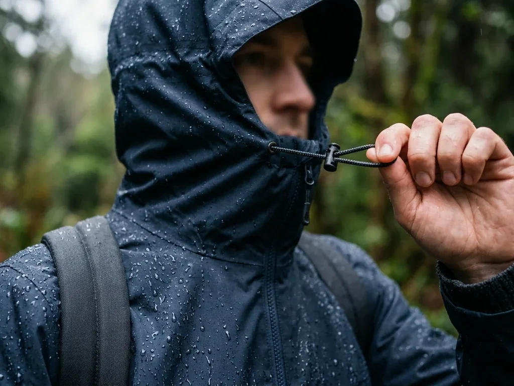 Nahaufnahme einer Hand an der Kapuze einer schlichten Regenjacke, auf der Wassertropfen abperlen