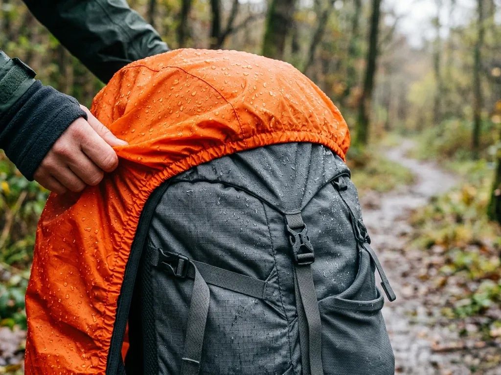 Nahaufnahme eines Wanderrucksacks mit übergezogener orangefarbener Regenhülle im Regen