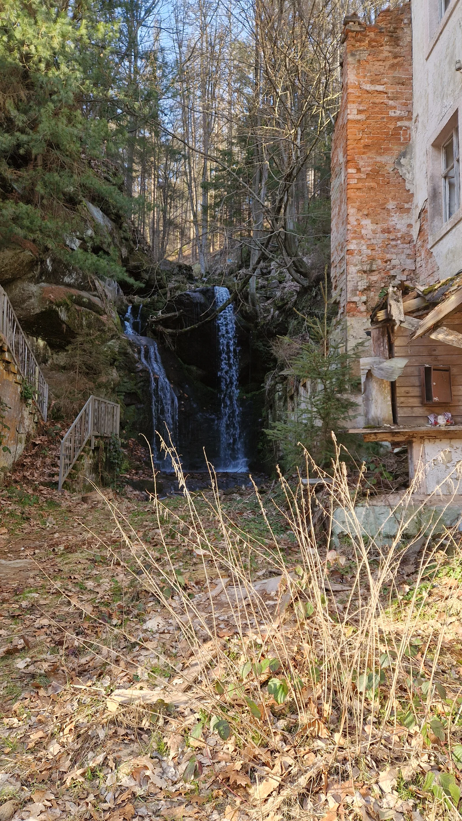Alte Mühle mit Wasserrad am Bachlauf im Kirnitzschtal, teilweise von Bäumen überwuchert