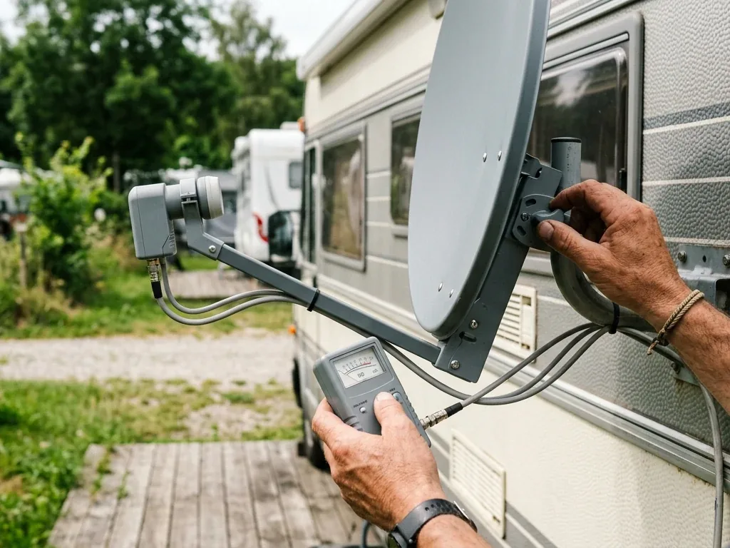 Hände justieren eine manuelle Sat-Anlage am Wohnmobil, im Hintergrund ein Signalmessgerät