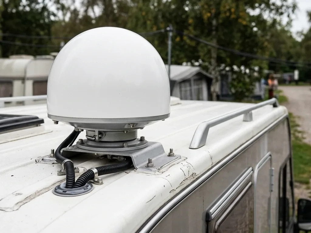 Automatische Sat-Antenne in Kuppelform auf dem Dach eines Wohnmobils, Nahaufnahme