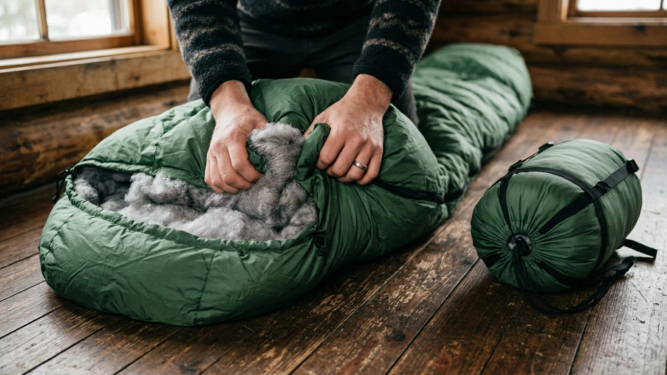 Hände drücken die Daunenfüllung eines aufgerollten Schlafsacks zusammen, daneben ein gepackter Schlafsack im Packsack