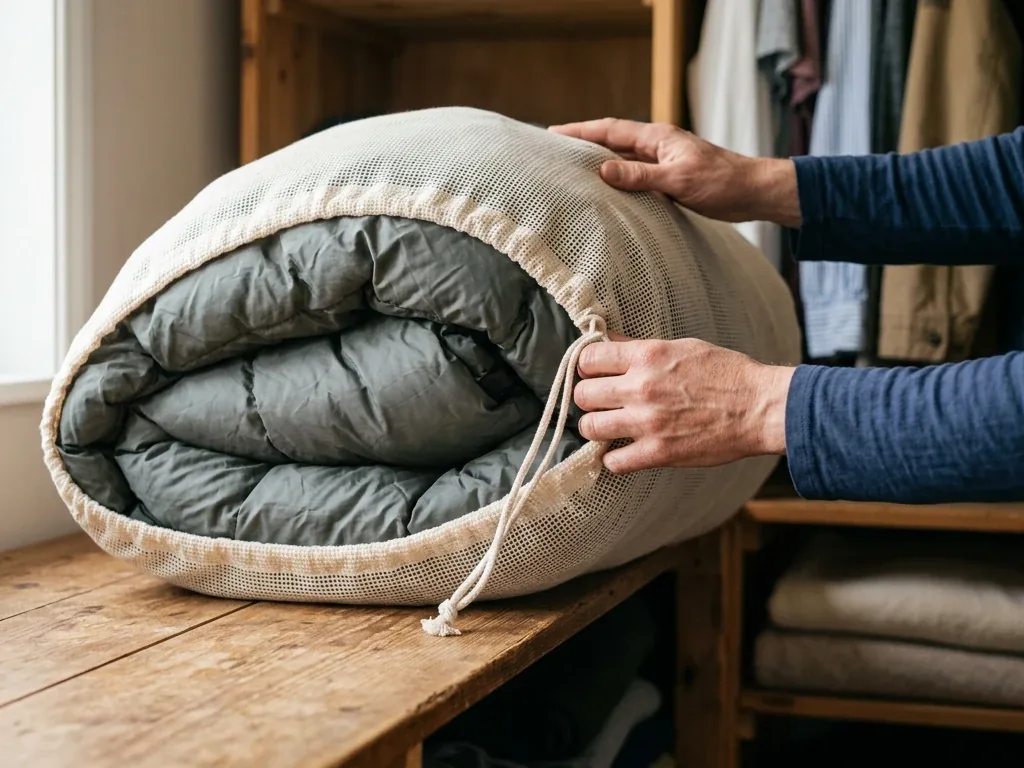 Schlafsack locker in einem großen, unkomprimierten Lagersack auf einem Schrankbrett verstaut