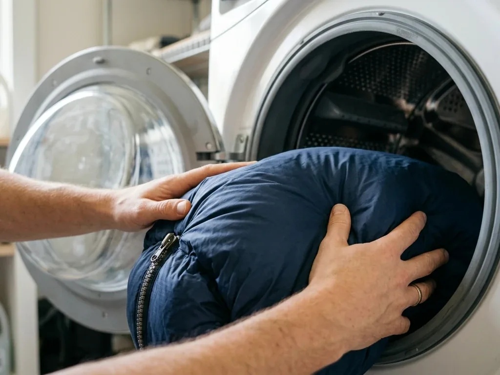 Nahaufnahme eines Daunenschlafsacks beim Einlegen in eine Waschmaschine