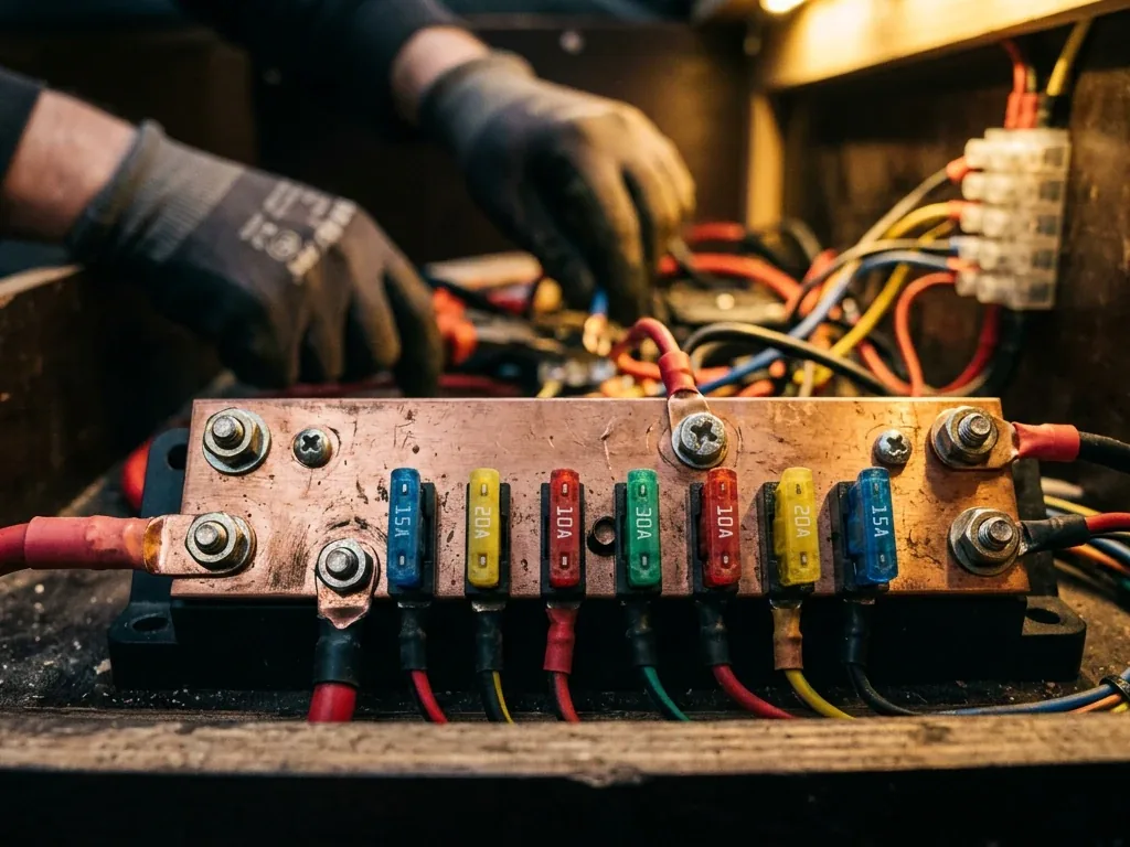 Sicherungsverteiler mit mehreren Sicherungen und Kupfer-Busbar im Wohnmobil-Stromsystem, Nahaufnahme