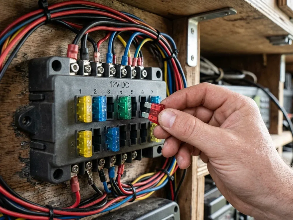 Nahaufnahme einer Hand, die eine Flachsicherung in einen 12-Volt-Sicherungsverteiler im Wohnmobil steckt