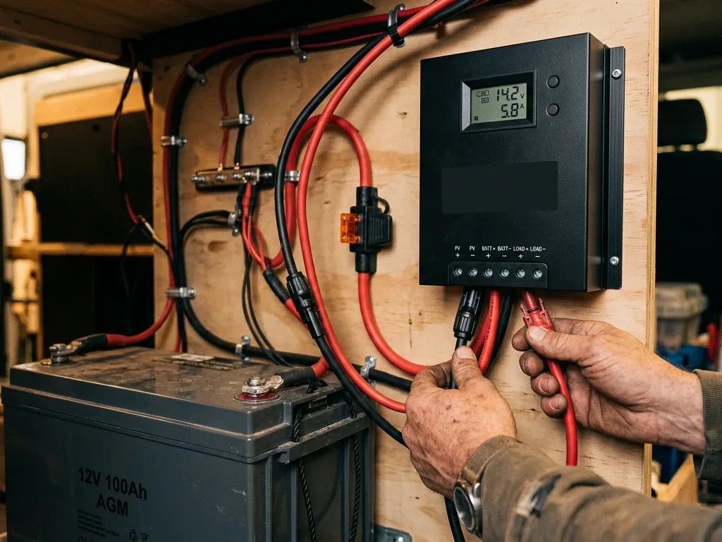 Nahaufnahme eines MPPT-Ladereglers mit Solarkabeln beim Wohnmobil-Selbstausbau