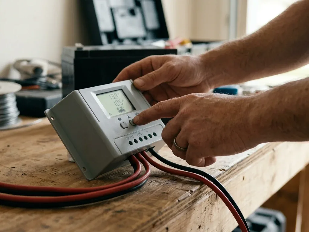 Hände stellen die Ladeparameter eines Solar-Ladereglers für eine LiFePO4-Batterie über die Bedientasten ein