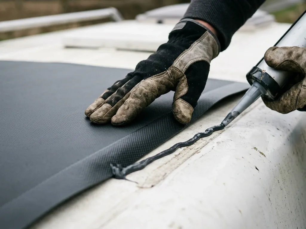 Nahaufnahme: flexibles Solarpanel wird auf gewölbtes Wohnmobildach geklebt