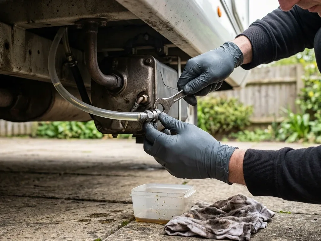 Nahaufnahme einer Hand, die eine Kraftstoffleitung an der Diesel-Standheizung eines Wohnmobils zum Entlüften löst