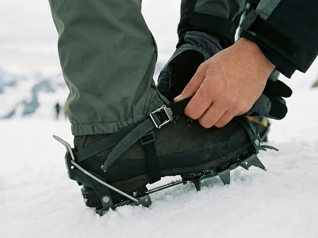 Hände befestigen ein Steigeisen an einem Bergschuh mit angelegter Gamasche im Schnee (Symbolbild)