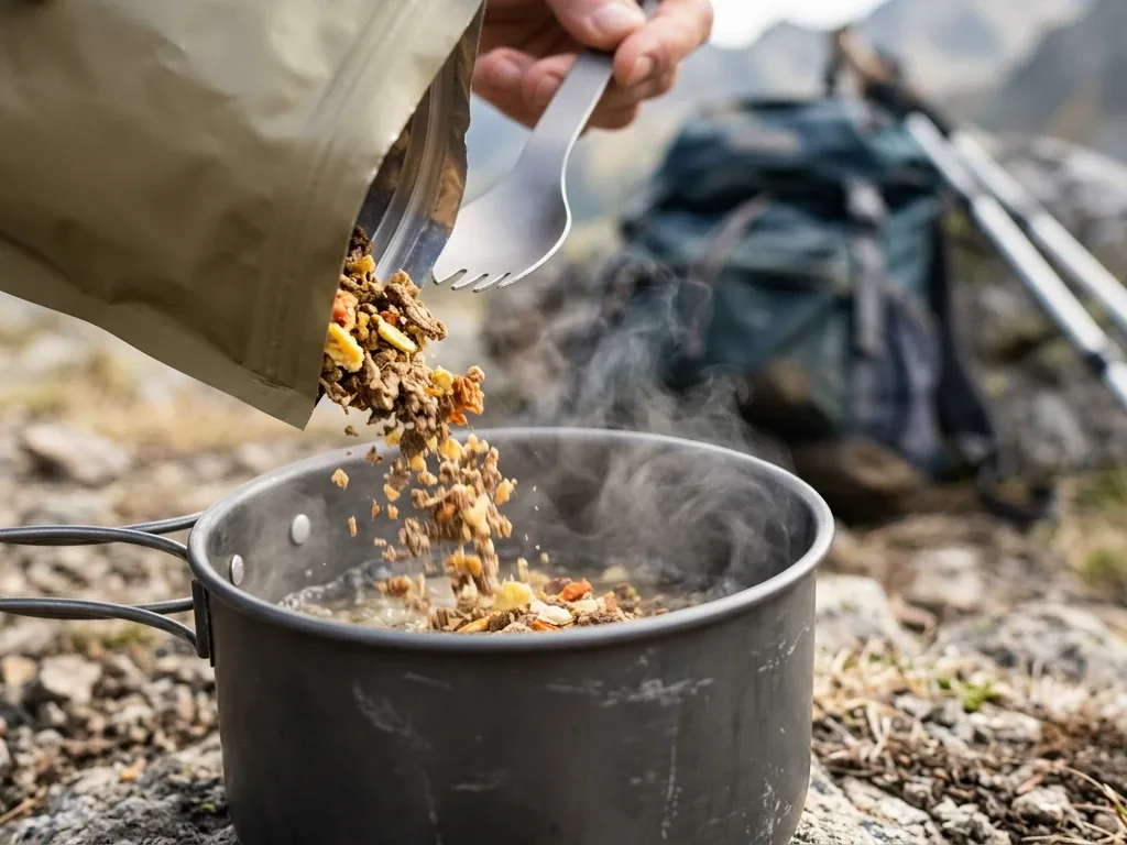 Nahaufnahme: gefriergetrocknete Trekkingmahlzeit wird in einen dampfenden Topf im Freien gegeben