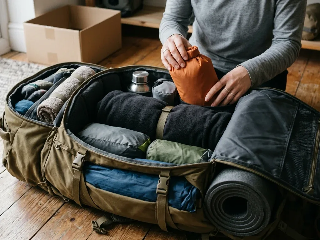 Offener Trekkingrucksack beim Packen, Ausrüstung in Zonen sortiert, Hände legen einen Packsack ein