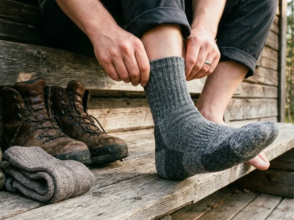 Nahaufnahme: Wanderer zieht unbedruckte Trekkingsocke über den Fuß vor dem Anziehen der Wanderschuhe
