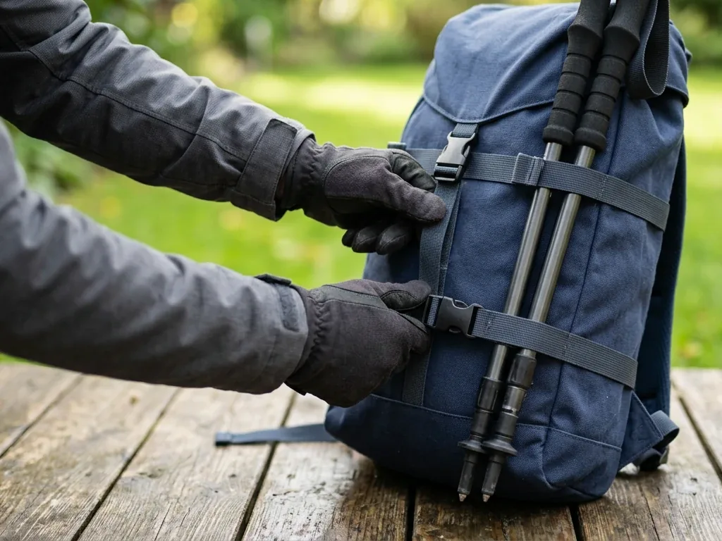 Nahaufnahme: Zwei Trekkingstöcke werden mit einem seitlichen Kompressionsriemen an einem Wanderrucksack befestigt, Spitzen zeigen nach unten.