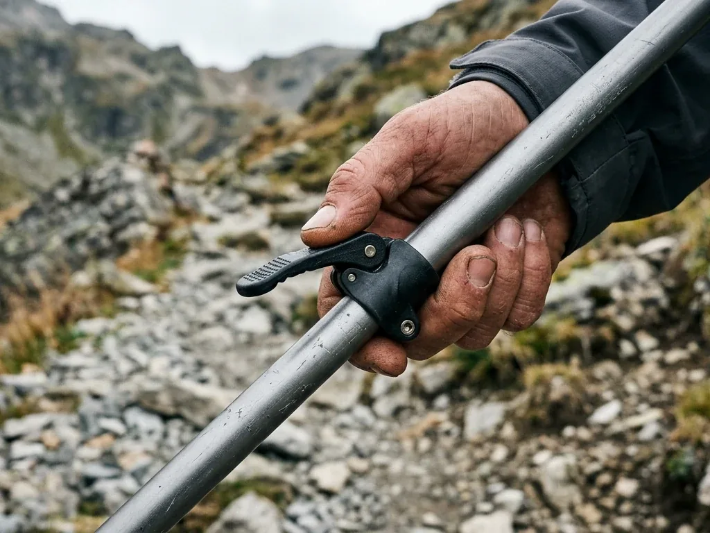 Nahaufnahme einer Hand, die den Klemmverschluss eines Trekkingstocks auf einem Bergweg einstellt