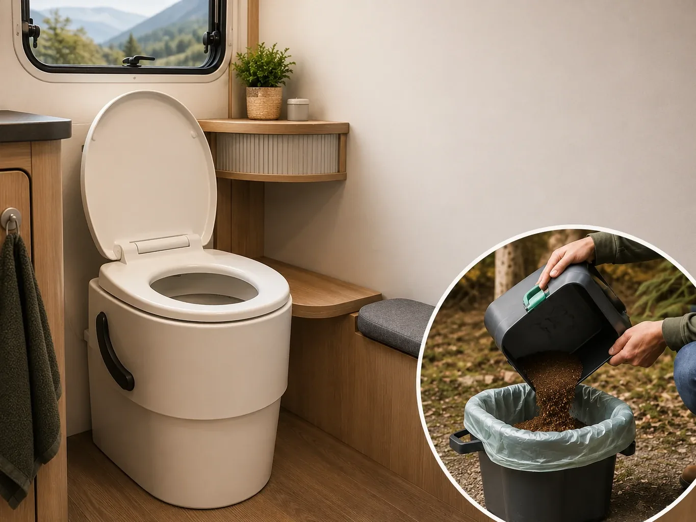 Nahaufnahme: Person schüttet Einstreu aus einem Behälter in einen mit Beutel ausgekleideten Eimer, im Hintergrund die Trockentrenntoilette im Wohnmobil