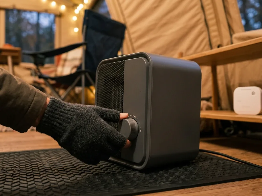 Behandschuhte Hände stellen den Thermostat eines Elektroheizgeräts im Vorzelt ein, daneben ein CO-Warnmelder