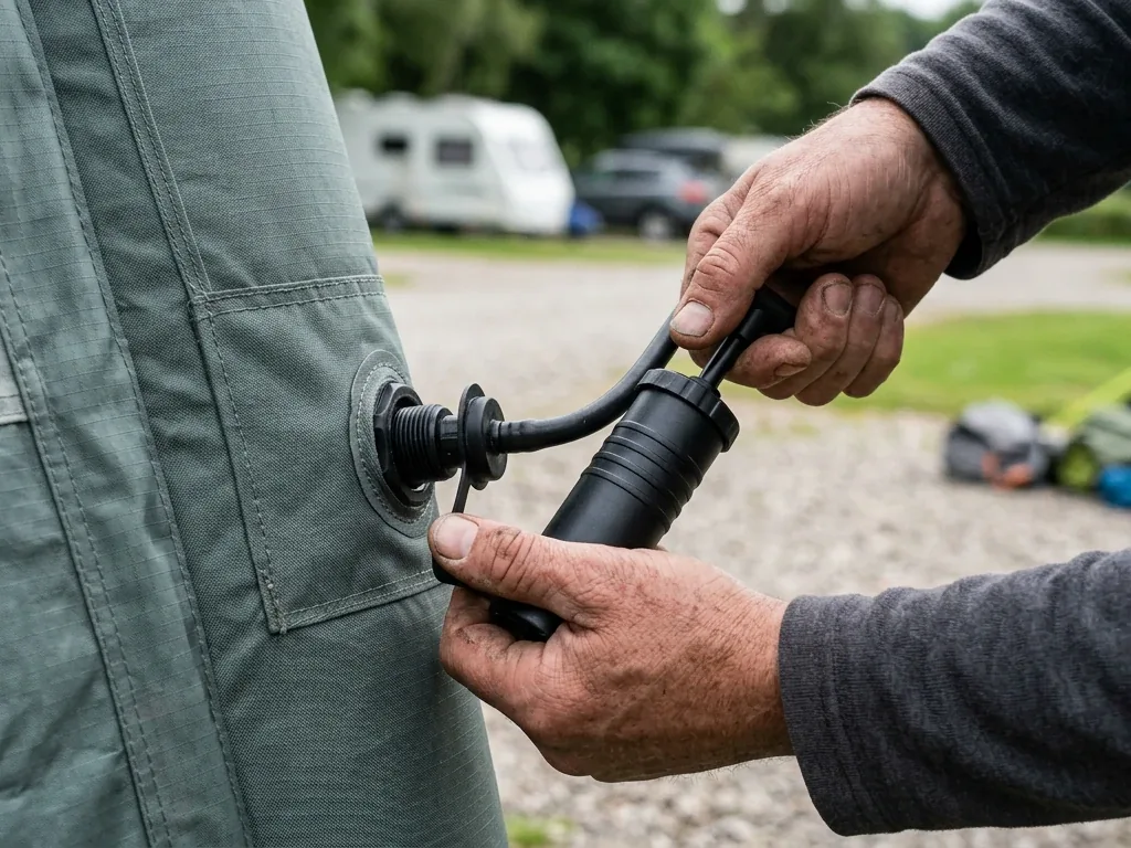 Nahaufnahme eines Luftgestänge-Ventils beim Aufpumpen eines Vorzelts am Campingplatz