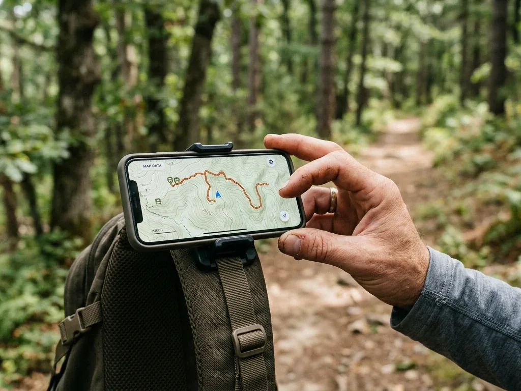 Smartphone mit Offline-Wanderkarte an einem Rucksackgurt, im Hintergrund unscharfer Wald (Symbolbild)