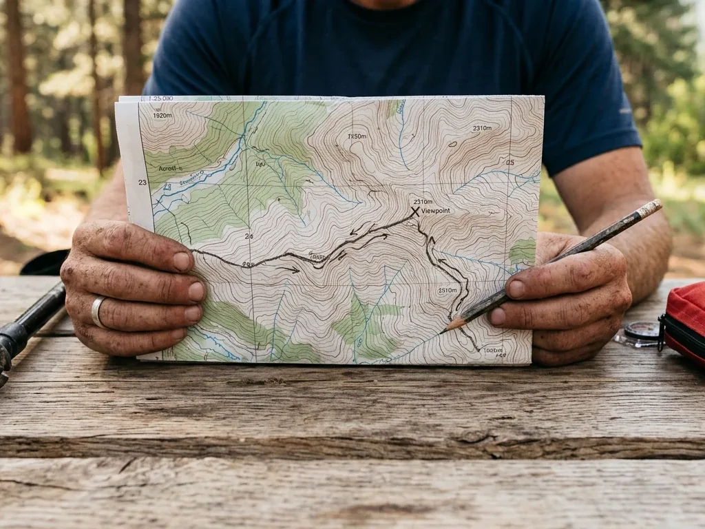 Nahaufnahme einer Papier-Wanderkarte mit eingezeichneter Route bei der Etappenplanung