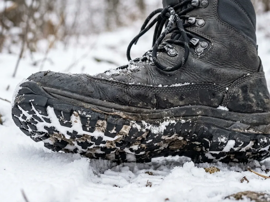Nahaufnahme einer Wanderschuh-Sohle mit grobem Profil im Schnee