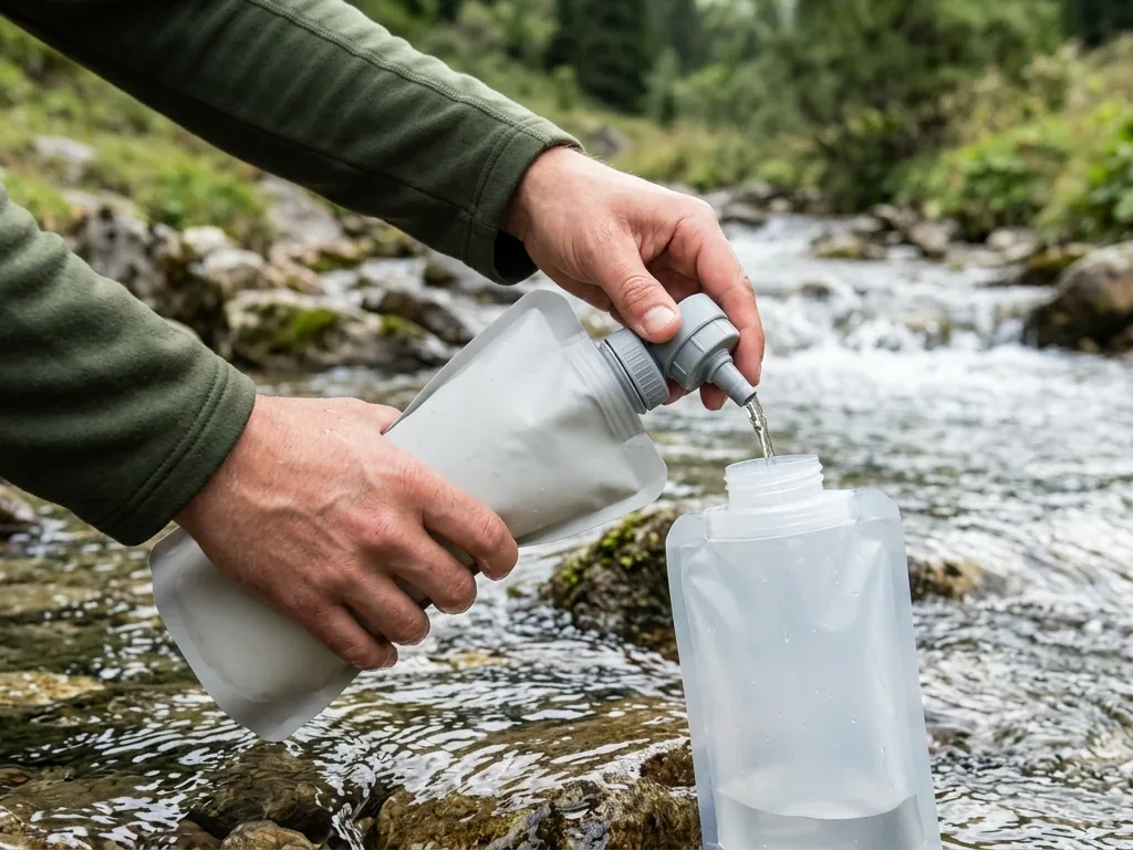 Hände befüllen eine weiche Filterflasche mit Wasser im Freien (Symbolbild)