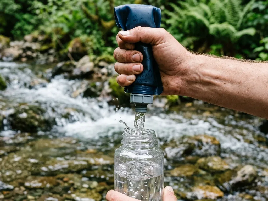Hand presst Wasser durch einen Hohlfaser-Squeeze-Filter an einem Gebirgsbach