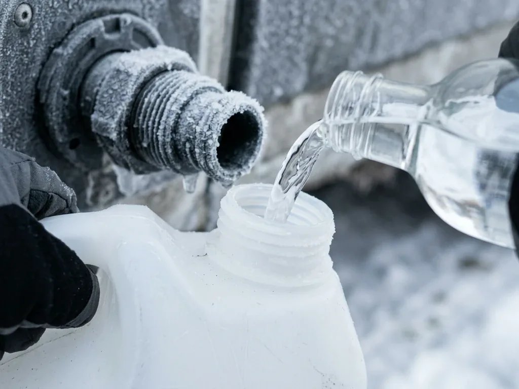 Nahaufnahme eines Wasserkanisters an einem winterlichen Wohnmobil-Wassertank mit Frost