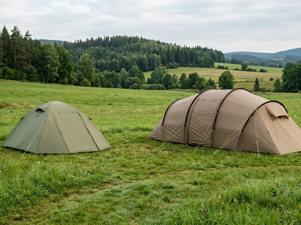 Nahaufnahme von Zeltstangen und Stoffecke beim Aufbau eines Kuppelzelts im Freien