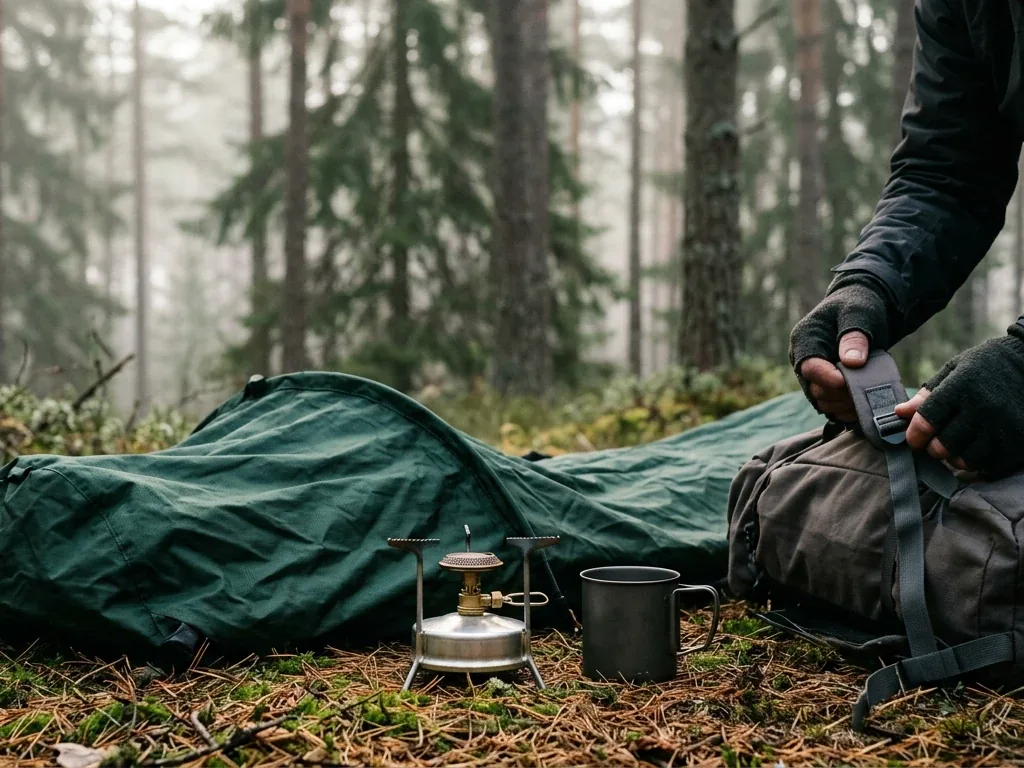 Biwaksack und Kocher auf Waldboden im Morgenlicht, Wildcamping-Ausrüstung in Skandinavien