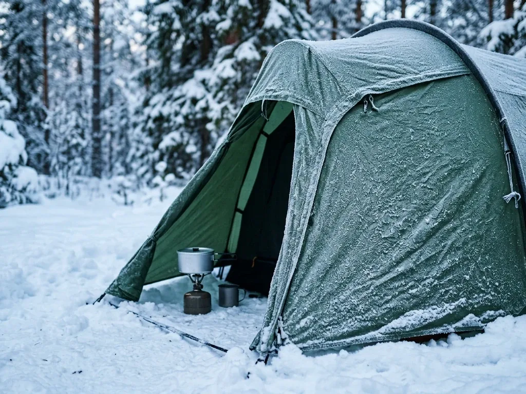 Schneebedecktes Winterzelt mit Reif am Stoff und Kocher vor dem Zelteingang bei Morgendämmerung