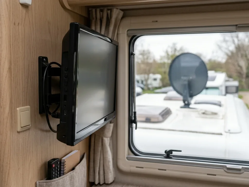 Kleiner Flachbildfernseher im Wohnmobil-Innenraum, im Hintergrund eine Sat-Antenne auf dem Dach