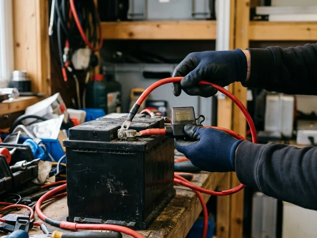 Nahaufnahme einer Hand, die ein Pluskabel mit Sicherungshalter an eine 12V-Aufbaubatterie im Wohnmobil anschließt