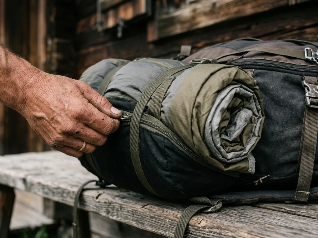 Zusammengerolltes Trekkingzelt am Rucksack neben einer Alpenhütte im Hintergrund