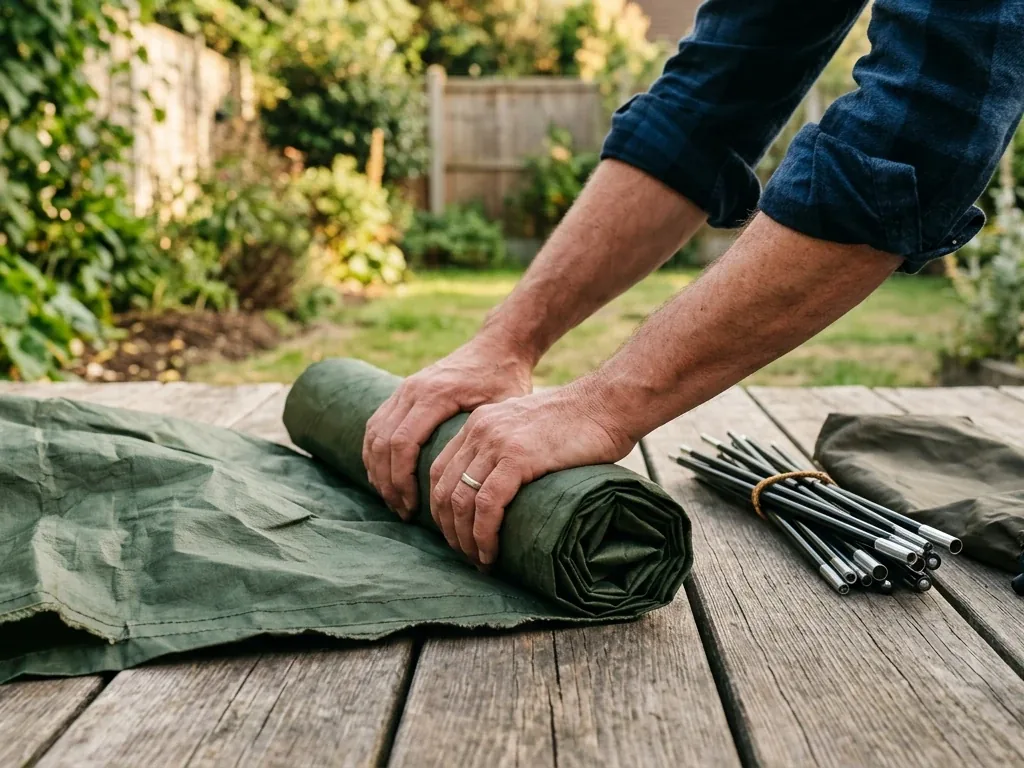 Hände rollen eine Zeltbahn eng zusammen, daneben liegen die gebündelten Gestängesegmente vor dem Verstauen in den Packsack (Symbolbild)