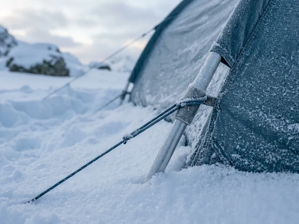 Schneebedecktes Tunnelzelt mit verankerten Abspannleinen im winterlichen Gebirge bei Morgenlicht