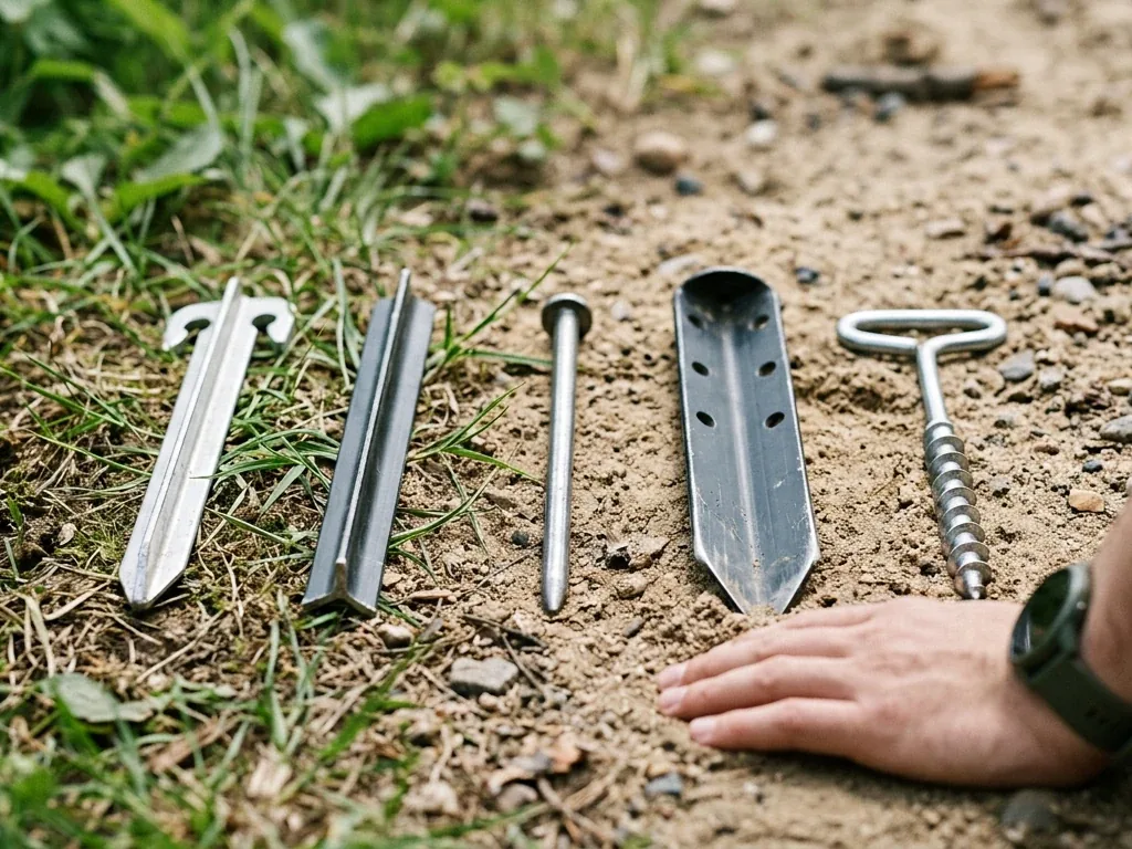 Verschiedene Zeltheringe aus Aluminium und Stahl mit unterschiedlichen Profilen auf Wiesenboden