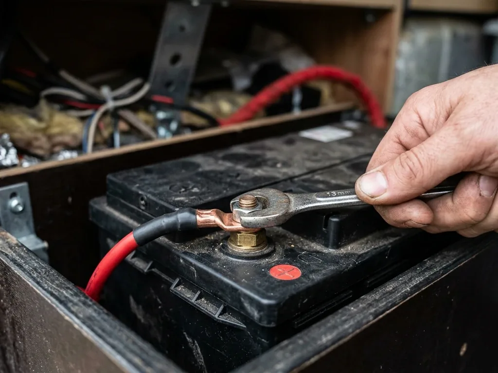Nahaufnahme eines Batteriekabels mit Kabelschuh, das an einem Batteriepol befestigt wird