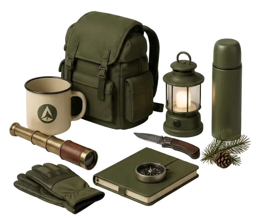 Rucksack, Emaille-Becher mit Kompass-Logo, Laterne, Notizbuch und Kompass